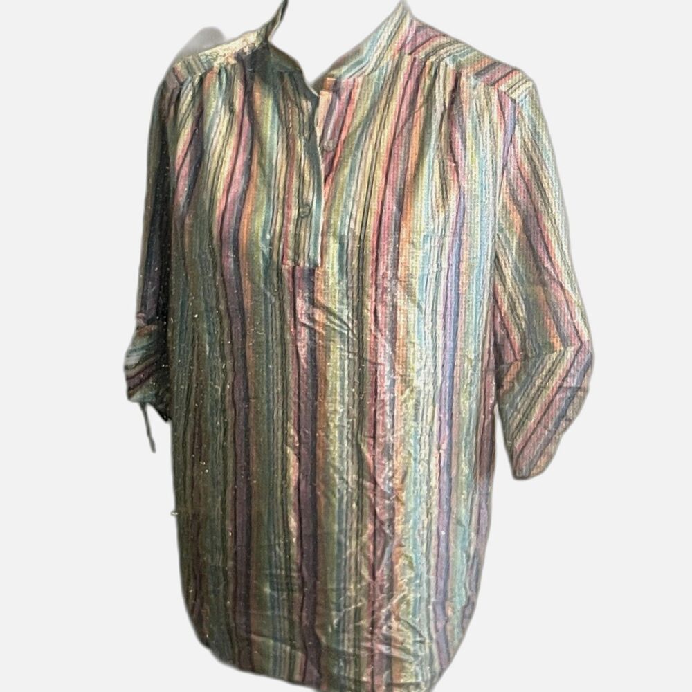 Vintage Top Blue Candy Stripes Shimmer Tunic Blouse Top Euro Size 44 or US 10